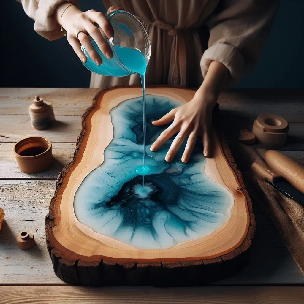 कपबाट काठको प्राकृतिक किनारा भएको फल्याकमाथि नीलो रङ मिसाइएको epoxy resin खन्याउँदै गरेका हात