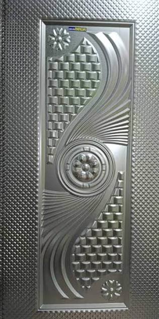 Moulded metallic-finish door skin panel with decorative embossed design