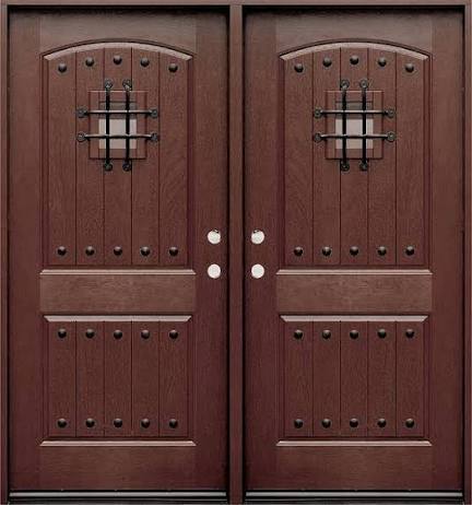 FRP double door with moulded panel design and decorative metal grille