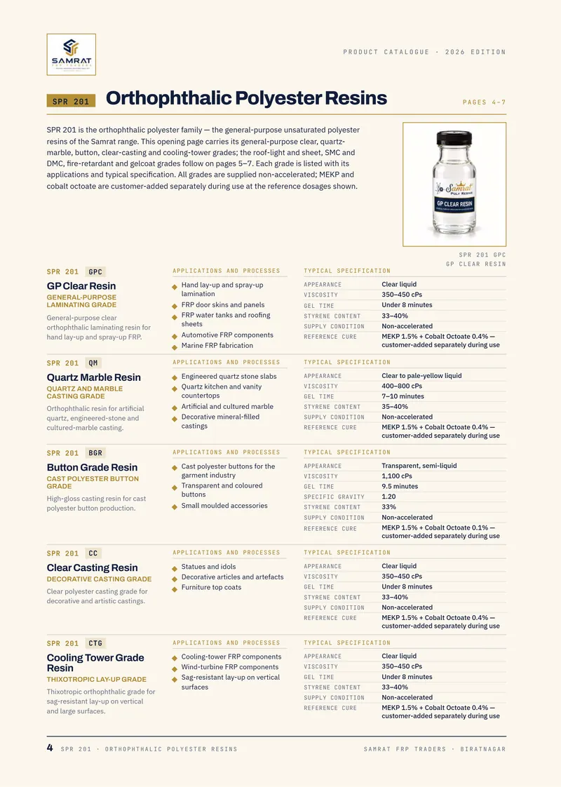 क्याटलग पृष्ठ 4 / 16: SPR 201 Orthophthalic Polyester Resin। पूरा पाठ PDF मा छ।