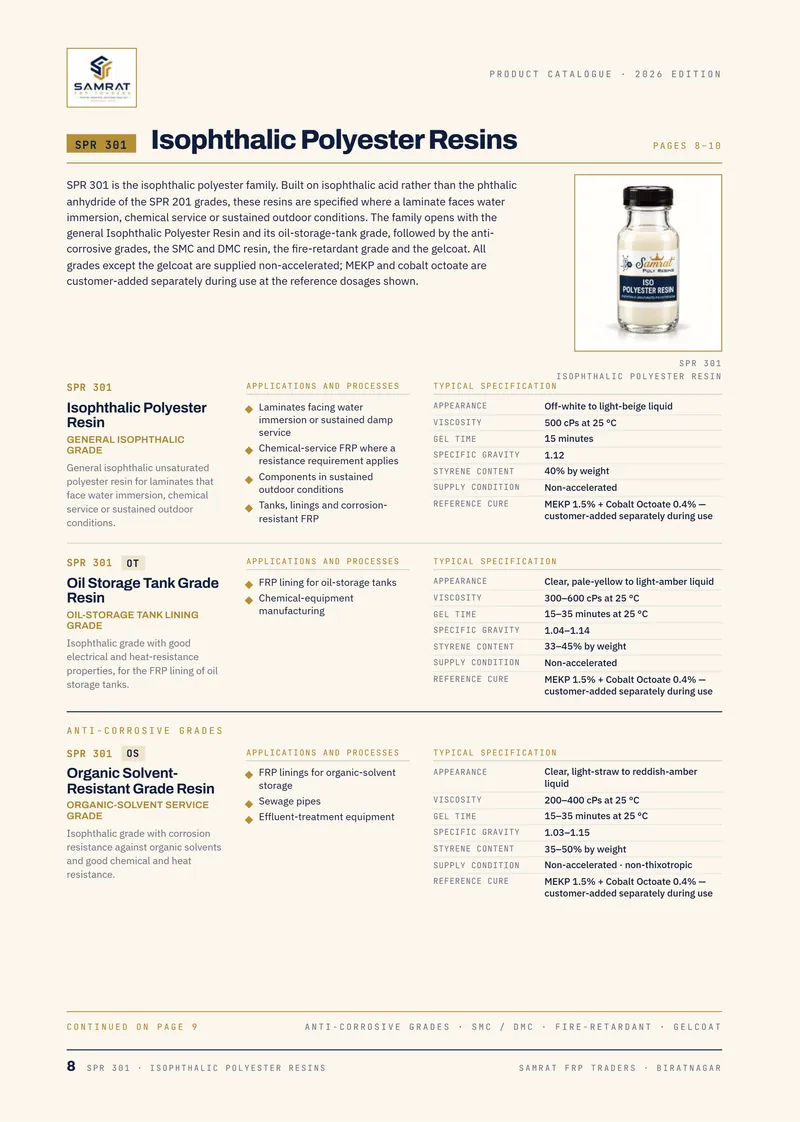 क्याटलग पृष्ठ 8 / 16: SPR 301 Isophthalic Polyester Resin। पूरा पाठ PDF मा छ।