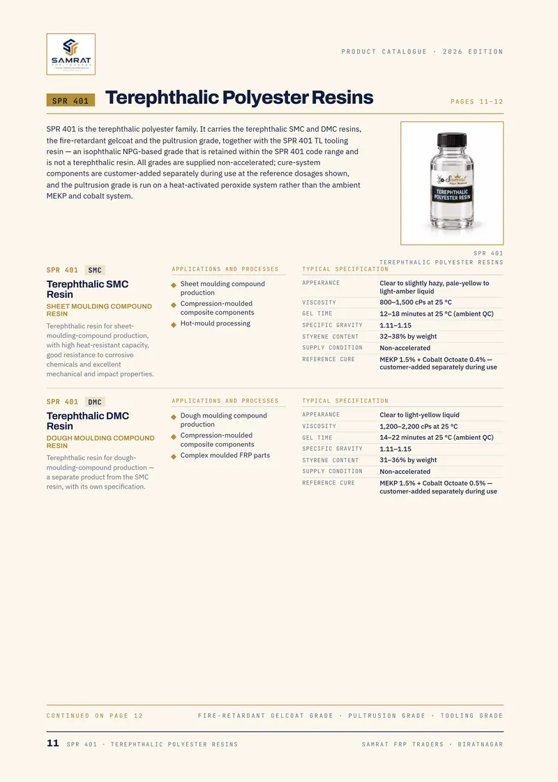 क्याटलग पृष्ठ 11 / 16: SPR 401 Terephthalic Polyester Resin। पूरा पाठ PDF मा छ।