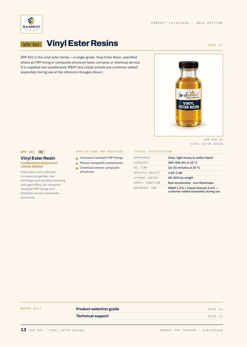 क्याटलग पृष्ठ 13 / 16: SPR 501 Vinyl Ester Resin। पूरा पाठ PDF मा छ।
