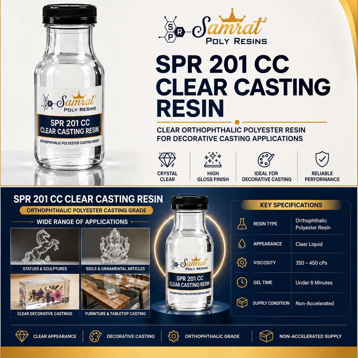 SPR 201 CC Clear Casting Resin को बोतल, सँगै यसबाट बन्ने मूर्ति, प्रतिमा र सजावटी casting