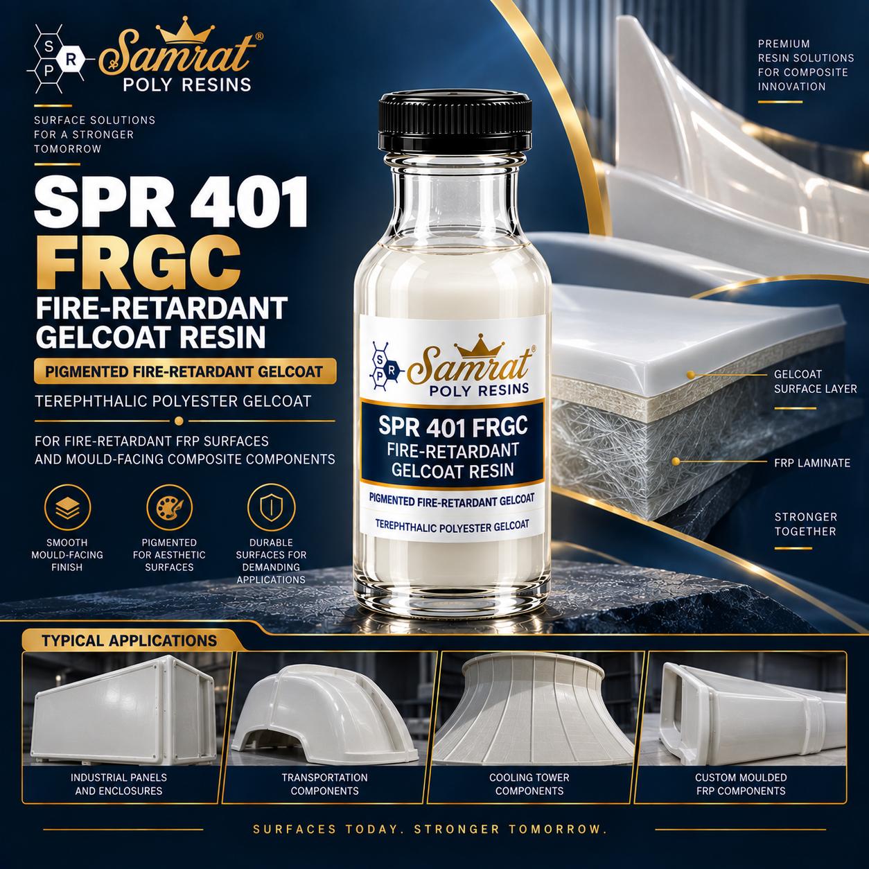 SPR 401 FRGC Fire-Retardant Gelcoat Resin को बोतल, सँगै यसले बनाउने pigment भएको gelcoat सतह