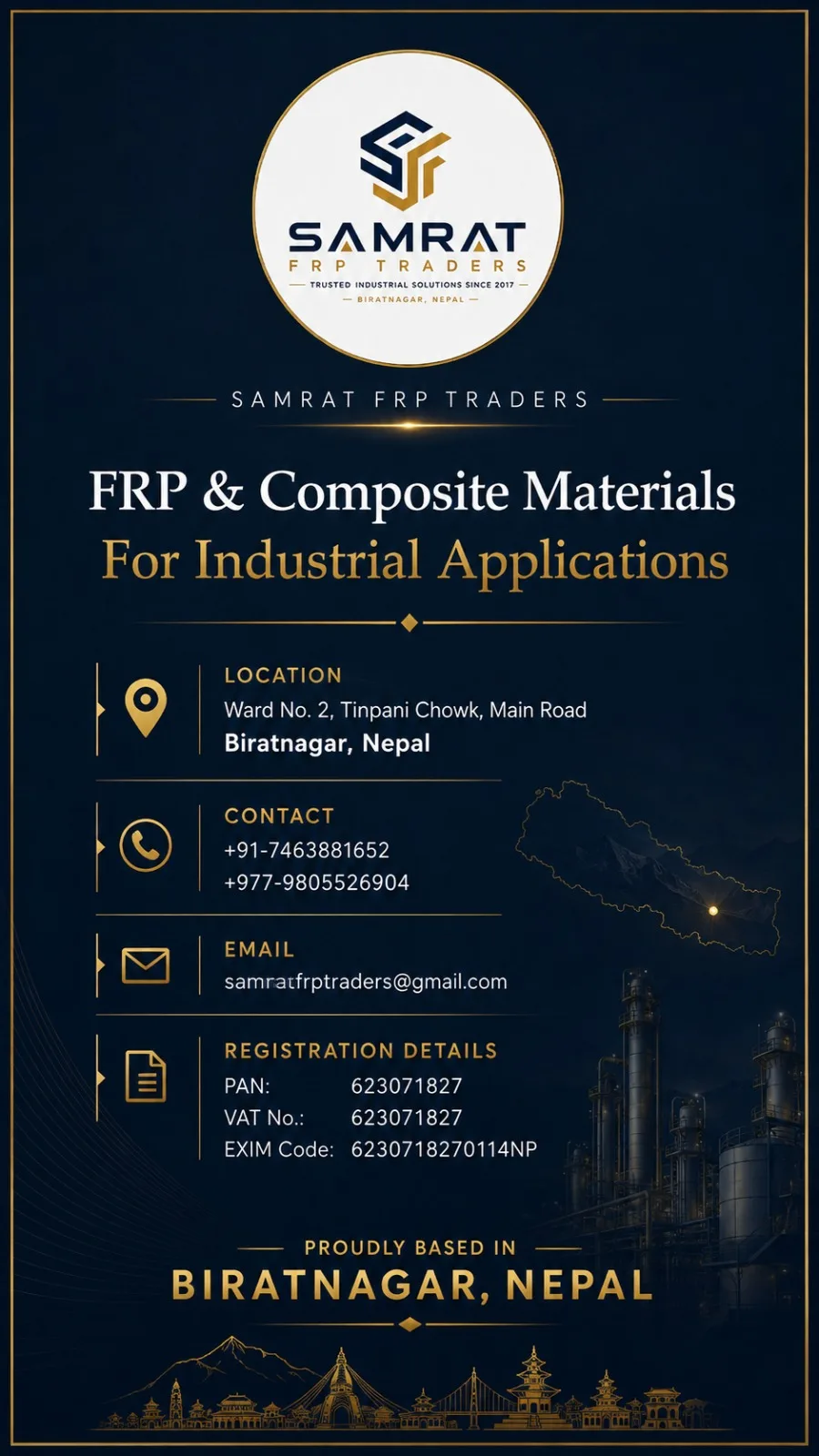 Samrat FRP Traders business details card: FRP and composite materials for industrial applications; Ward No. 2, Tinpani Chowk, Main Road, Biratnagar, Nepal; with contact numbers, email and PAN, VAT and EXIM registration details